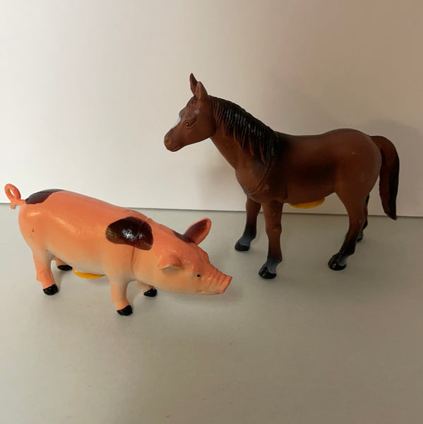 a* Vintage Set/2 Luckystar Play Animals Horse & Pig Figurines Schleich China 1990s