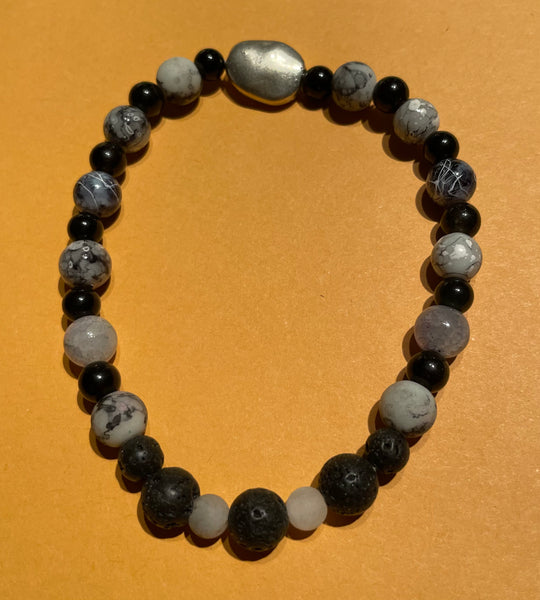 * New Black Glass & Lava Beads Stretch Beaded Bracelet Silver Spacer for Womens/Teens Yoga   Black Lava beads, black & white marble glass beads, black spacer beads with one silver spacer