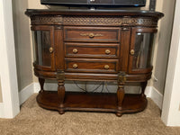 ~ Beautifully Carved Buffett~Server~Cabinet Glass Front Drawers Curio~TV Display Marble Top