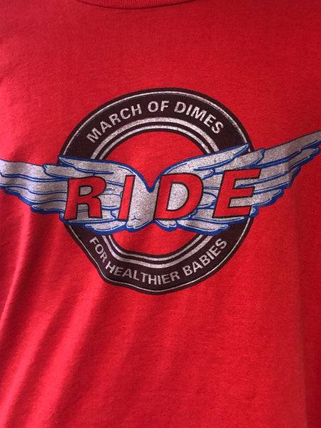 €€ Vintage 1996 Mens MARCH OF DIMES Bike Tour Red Short Sleeve Size Large