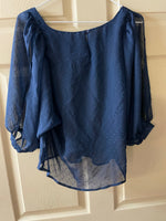 Women Juniors XHILARATION Blue Sheer Peasant 3/4 Sleeve SMALL Hi Low