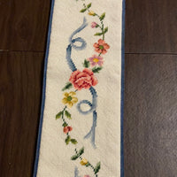 €€ Vintage Needlepoint 45" Table RUNNER Floral Pattern Pink Roses Blue Ribbon Velvet Backing