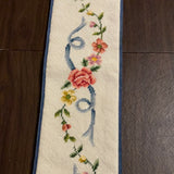 €€ Vintage Needlepoint 45" Table RUNNER Floral Pattern Pink Roses Blue Ribbon Velvet Backing