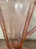 Vintage 7.5” Jeanette Pink Depression Glass Etched Poinsettia Handled Water Lemonade Pitcher