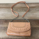 a** Womens JESSICA SIMPSON Tan Leather Cross Body Purse Clutch Bag Adj Strap