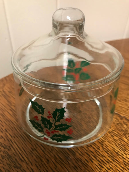 a** Clear Glass Etched Holiday Christmas Candy Bowl Jar with Lid Holly Leaves