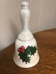 a** Vintage Christmas Holiday Iridescent Hand Ringing Bell Holly Leaves Dual Side
