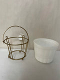~ Vintage Milk Glass Vase Planter w/ Brass Basket w/ Handle White 4.75”