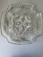 <€€ Vintage Deviled Egg Divided Relish Glass Serving Tray  Starburst Ruffled Edge Anchor Hocking