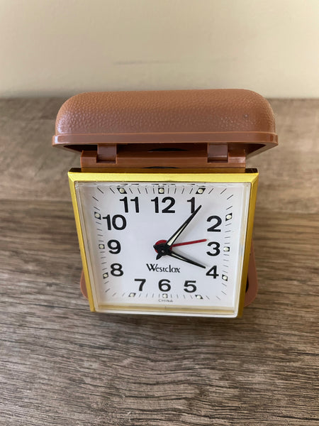 Vintage WESTCLOX Wind Up Travel Alarm Clock with Brown Folding Case