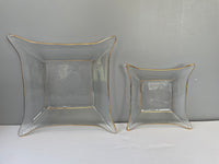 €€ Vintage Set/2 Clear Glass Square Serving Trays Dishes Pressed Gold Rim