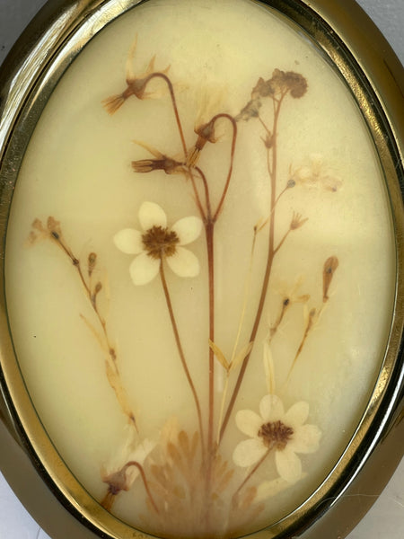 ~€ Vintage Framed Pressed Dried Flowers in Oval Brass Footed Standing Frame California 1980s