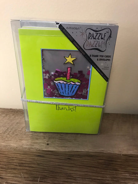 *Green Cupcake RAZZLE DAZZLES Set/8 Blank Thank You Note Cards and Envelopes Sealed