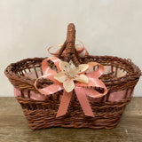 [L] <€€ Vintage Small Rectangle Wood Woven Basket w/ Handle Ribbon Brown Flowergirl