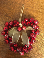 Christmas Holiday Red Jingle Bell Heart Wreath Ornament with Gold Bow Valentines