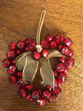 €€ Christmas Holiday Red Jingle Bell Heart Wreath Ornament with Gold Bow Valentines