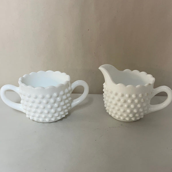 a** Vintage Milk Glass White Sugar Bowl & Creamer Set Hobnail Pattern