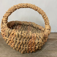 <€€ Rustic Round Rattan Basket Woven Coil Multi Colored