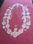 a** VINTAGE Sheer Netting Lace Table Cloth Cover Ivory Ecru Flower Appliqués