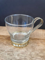 a** Vintage Pair/Set of 2 Low Ball Glass Barware Coffee Cup with Saronno Gold Brass Handled Holder