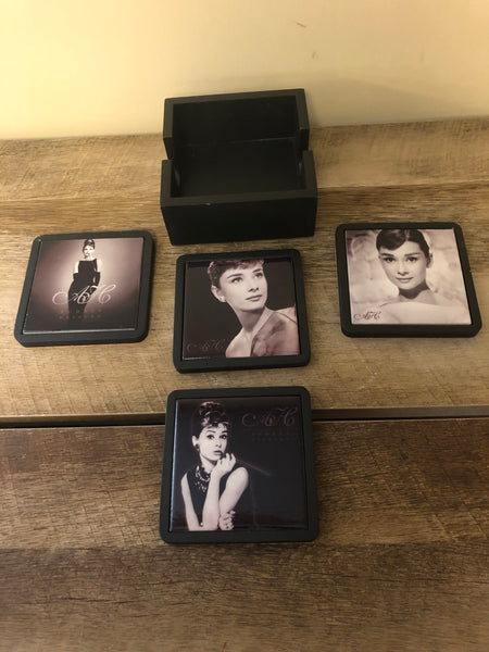 a* New Set of 4 Ceramic Tile Audrey Hepburn Coasters with Wood Storage Box