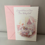 €€ New Lot/2 Baby Girl Congratulations Greeting Cards w/ Envelopes w/ Gift Trim