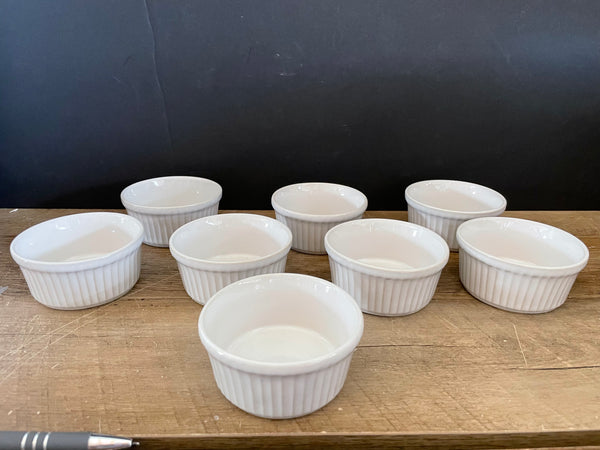 ~€ Set/8 New Ramekin Bakeware from Crate and Barrel Short 3.5” Diam x 1.5"  Soufflé White 648-175