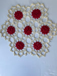 <€€ Vintage Hand Crochet 15” Round White Doily Red Flowers Open Pattern