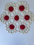 <€€ Vintage Hand Crochet 15” Round White Doily Red Flowers Open Pattern