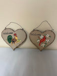 ~ Pair/Set of 2 Painted “WELCOME” Hanging Heart Wood Block Sign Plaque Red Bird Cardinal Rooster