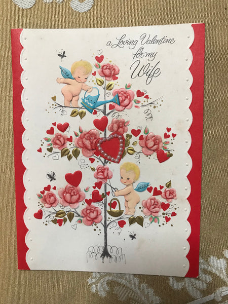 Vintage Valentine's Day CARD for Wife Cupid Flowers Used Retired