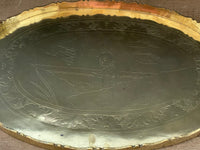 a* Vintage Solid BRASS OVAL Etched SERVING Vanity TRAY 13” X 9.25” Asian Girl, Sun, Birds