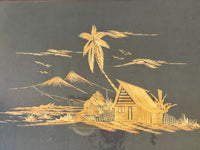 <€€ Vintage Chinoiserie Asian MCM 3D Art Bamboo On Black Canvas Wood Frame Tropical Island