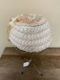 a** Vintage Womens 1950s Straw Hat with Cream Flowers and Ribbon 7” Band