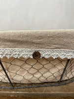 <€€ Large Oval Chicken Wire Gathering Basket w/ Handles Linen Burlap Lace Liner