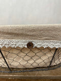 <€€ Large Oval Chicken Wire Gathering Basket w/ Handles Linen Burlap Lace Liner