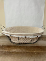 <€€ Large Oval Chicken Wire Gathering Basket w/ Handles Linen Burlap Lace Liner