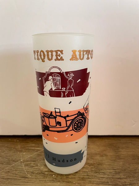 a** Vintage ANTIQUE AUTOS 1913 Hudson Frosted Highball Ice Tea Glass Tumbler Barware