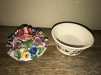 a** Vintage Italy Ceramic Handpainted Round Lidded Trinket Keepsake Box w/ Sculpted Flowers Woven Affect