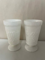 a** Vintage Pair/Set of 2 Milk Glass Pedestal Goblets Tumblers White Grape & Leaf