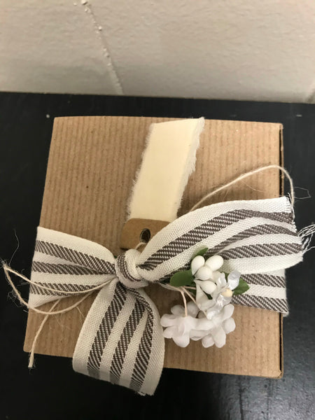 a** Natural 4” Square Gift Box Gray and White Striped Tie w/Tag Flower