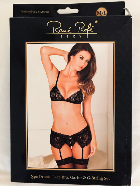 Womens Medium/Large Rene Rofe' 2pc Black Lace Bra & Garter NWT – Touched By  Time Treasures