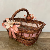 [L] <€€ Vintage Small Rectangle Wood Woven Basket w/ Handle Ribbon Brown Flowergirl