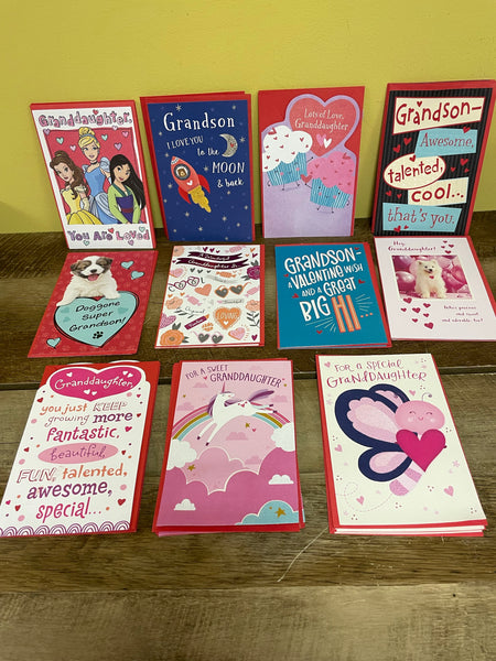 Mixed Lot of 39 New Valentine Cards 11 Designs,  Granddaughter & Grandson Wholesale Retail Resale w/ Envelopes 2022