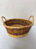 <€€ Medium Round Wicker Woven Basket w/ Handles Three Tones of Brown