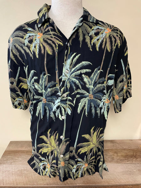 Mens CARIBBEAN BLUES Silk Camp Shirt Medium Rayon Palm Trees Button Up