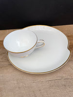 a** Vintage Set of 10 8” L & M Hostess Luncheon Dessert Plates with 5 Tea Cups White with Gold Rim