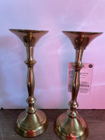 a** New Pair/Set of 2 Better Homes & Gardens Gold Brass Pillar & Taper Candlesticks Candleholders