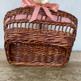 [L] <€€ Vintage Small Rectangle Wood Woven Basket w/ Handle Ribbon Brown Flowergirl