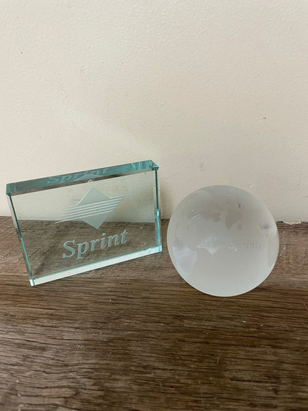 €€ Vintage Set/2 Sprint Employee Paperweights “The Most” World Globe